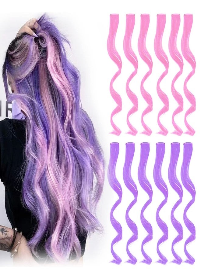 REDMENCO Colored Clip in Hair Extensions 12 Pieces Streak for Women Kids Girls, 16 Inch Wavy Curly, Party Highlights (6 Lavender purple+6 Light Pink Colorful) - Image 1